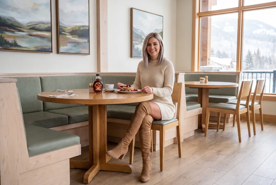 Linnea Hale, the guide's host, sits at a round oak table in a bright lodge restaurant with pancakes, berries and coffee, landscape paintings on the wall