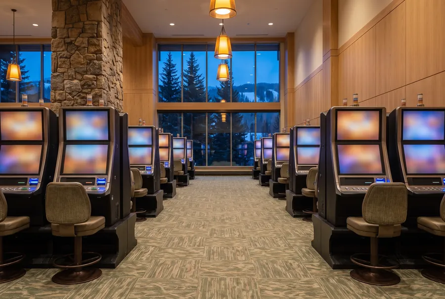 An evening gaming floor with rows of cabinets with soft colour screens, sage carpet, pale wood walls and a window onto dark spruce