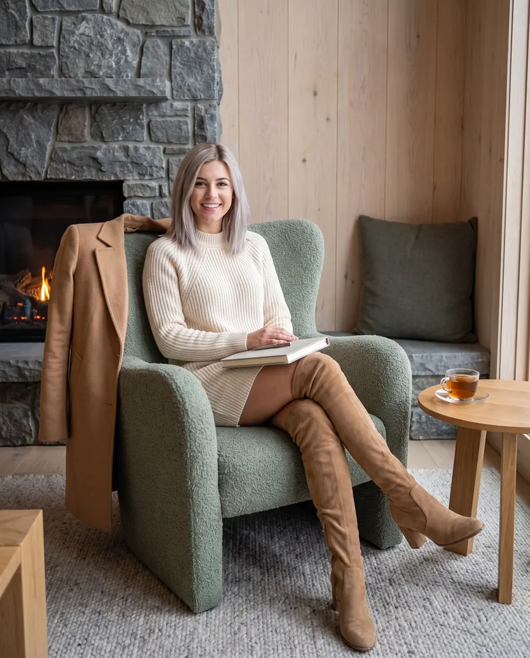 Linnea Hale, the guide's host, sits in a sage armchair by a stone fireplace with a linen notebook on her lap and a cup of tea beside her