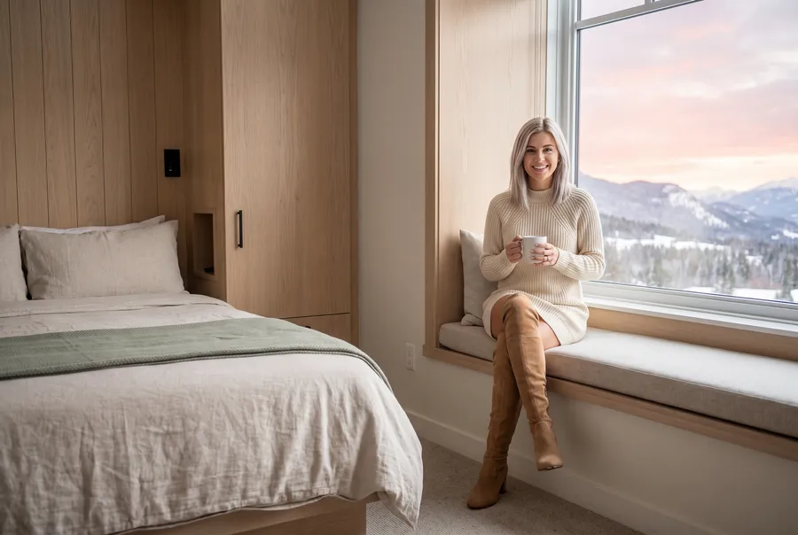 Linnea Hale, the guide's host, sits on a window seat in a pale oak hotel room with a mug, a made bed beside her and a sunrise over snowy hills in the window